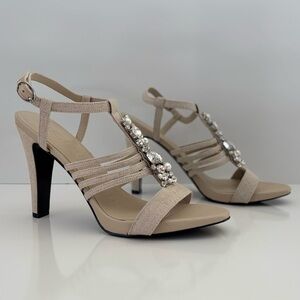 KARL LAGERFELD Cicely Rhinestoned Strappy High Heeled Sandal in Natural NEW